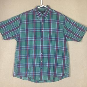Gant Colour Chambray Mens L Short Sleeve Button Up Shirt Green Plaid 100% Cotton